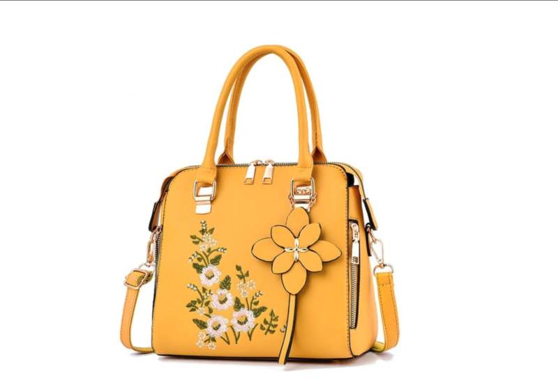 Floral Embroidery Square Bag With Floral Bag Charm - Yellow