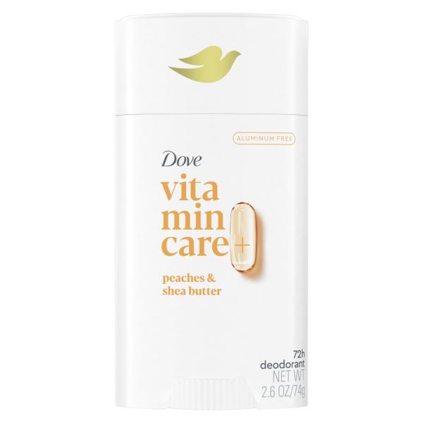 Dove VitaminCare+ Aluminum Free Deodorant Stick Peaches & Shea Butter for 72H Odor Protection Breathable Deodorant for Women 2.6 oz