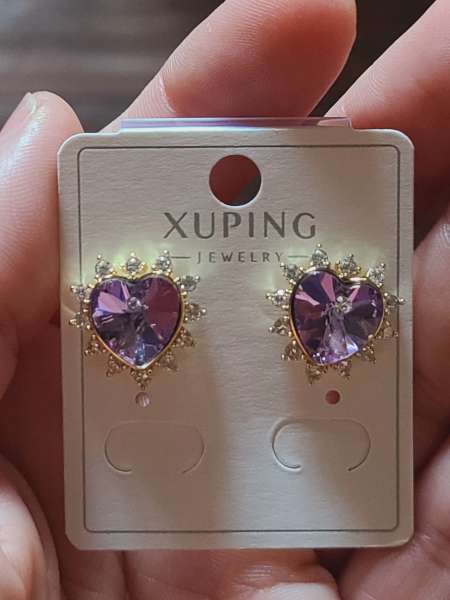 14K purple crystal heart earrings 