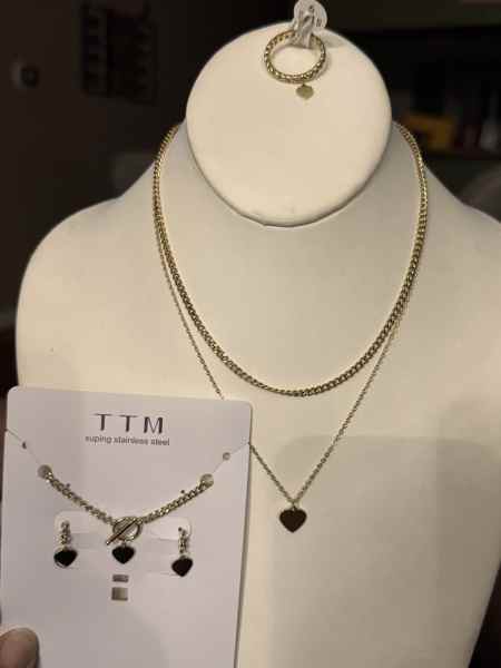 TTM 14K double down heart chain set with ring, bracelet and earrings  